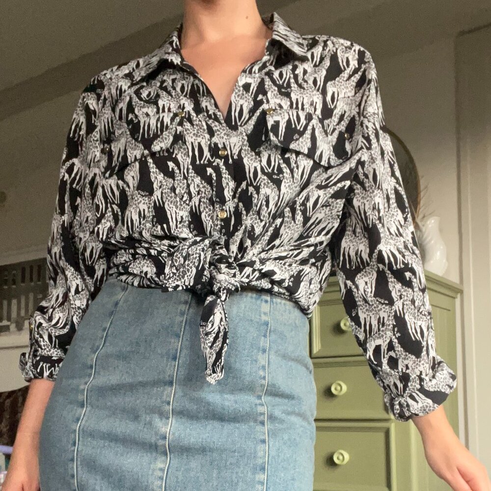 Black and white giraffe pattern button down